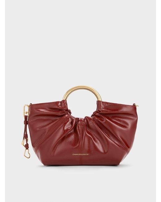 Charles & Keith Red Ciara Ruched Metal Top Handle Bag