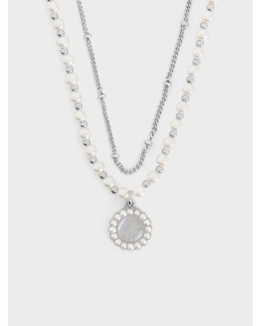 Charles & Keith White Pearl & Gemstone Double-Chain Necklace