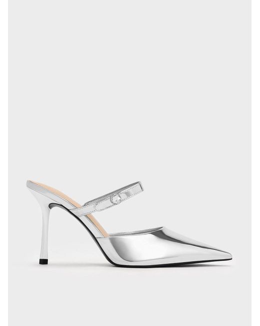 Charles & Keith White Metallic Crystal-accent Stiletto-heel Mules