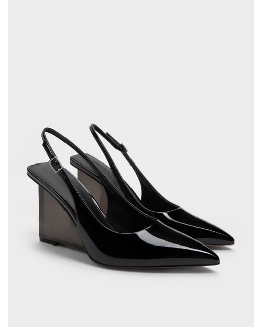 Charles & Keith Black Patent Translucent-Heel Slingback Wedges