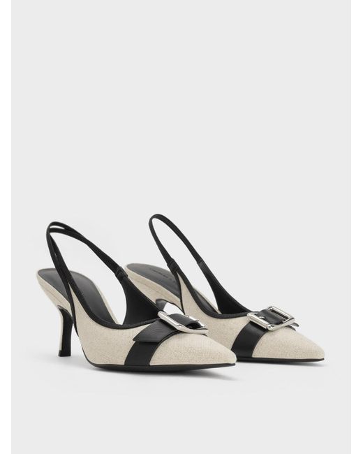 Charles & Keith White Linen Buckled Pointed-toe Slingback Pumps