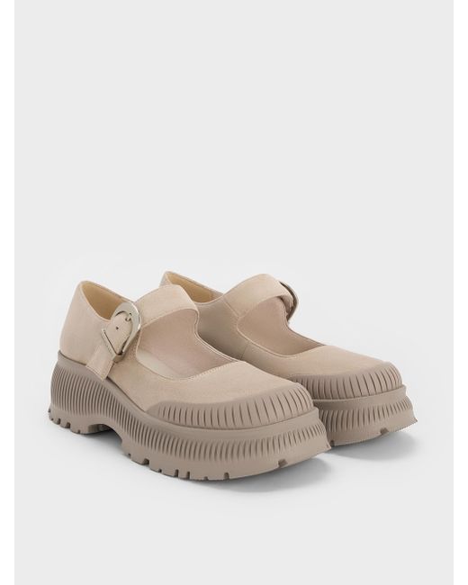 Charles & Keith Natural Darra Faux Suede Ridged-Sole Platform Mary Janes