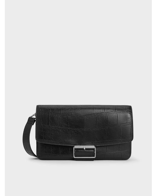 Charles & Keith Black Liv Croc-Effect Grommet Chain-Handle Shoulder Bag
