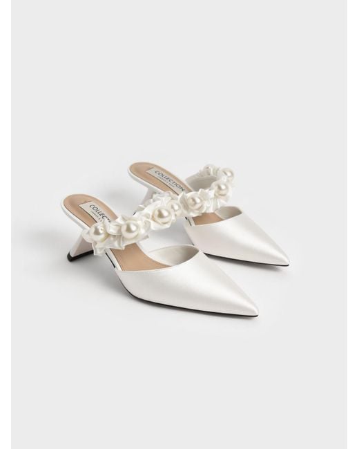 Charles & Keith White Blythe Bead Embellished Satin Pumps