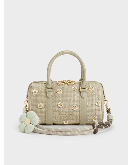 Charles & Keith Natural Philomena Raffia Flower Bowling Bag