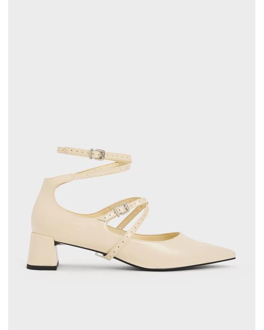 Charles & Keith Natural Crinkle-effect Strappy Buckled Pumps
