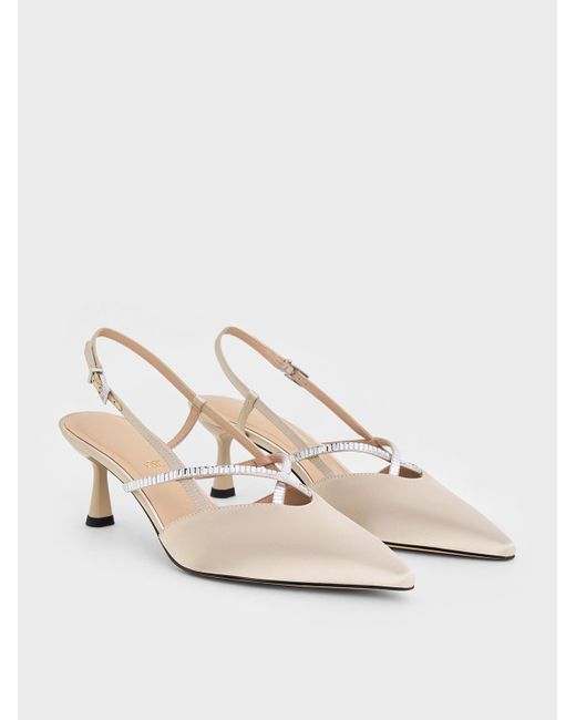 Charles & Keith Natural Recycled Polyester Crystal-Embellished Slingback Pumps