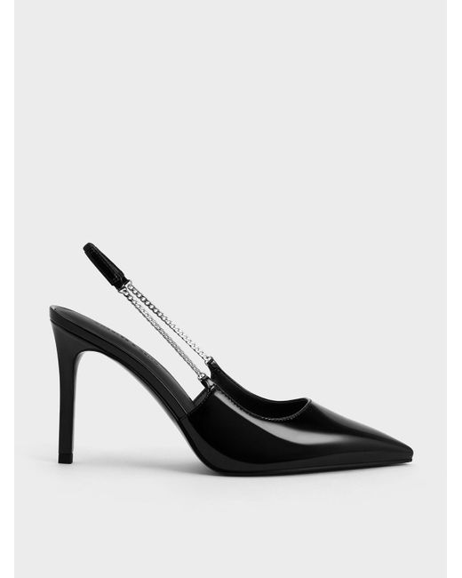 Charles & Keith Black Patent Chain-link Pointed-toe Slingback Pumps