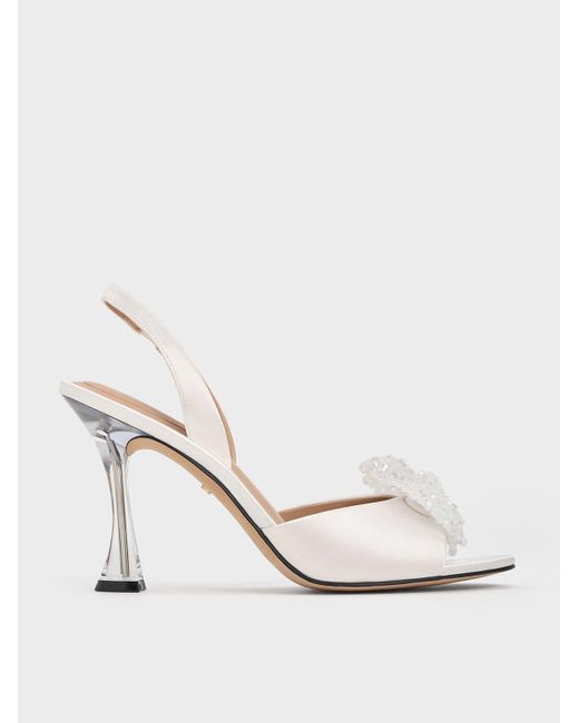 Charles & Keith White Recycled Polyester Beaded Bow Slingback Pumps