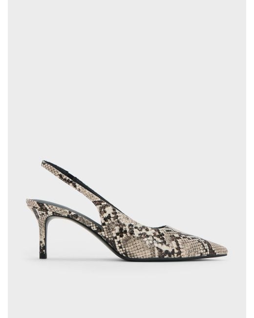 Charles Keith Kaia Snake-Print Pointed-Toe Slingback Pumps in