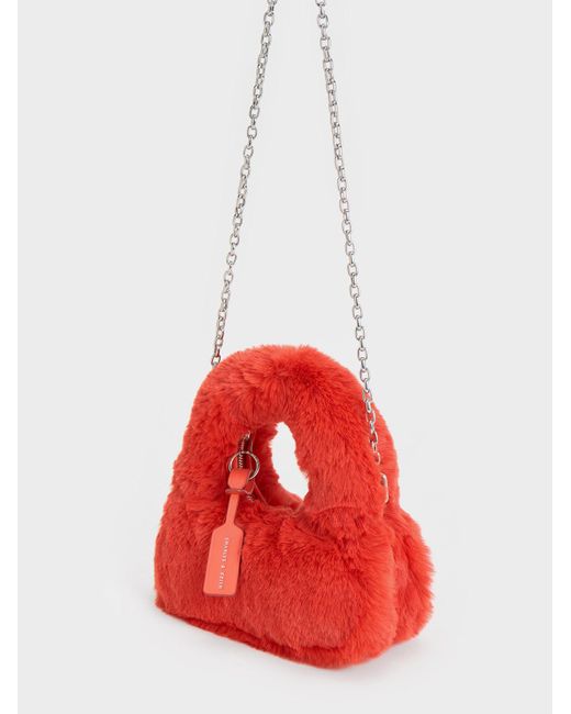 Charles & Keith Red Mini Yama Furry Top Handle Bag