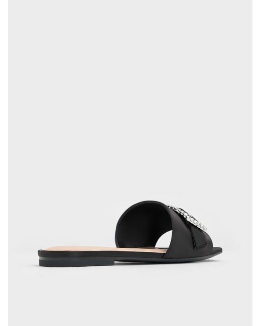 Charles & Keith White Satin Gem-buckle Square-toe Slide Sandals