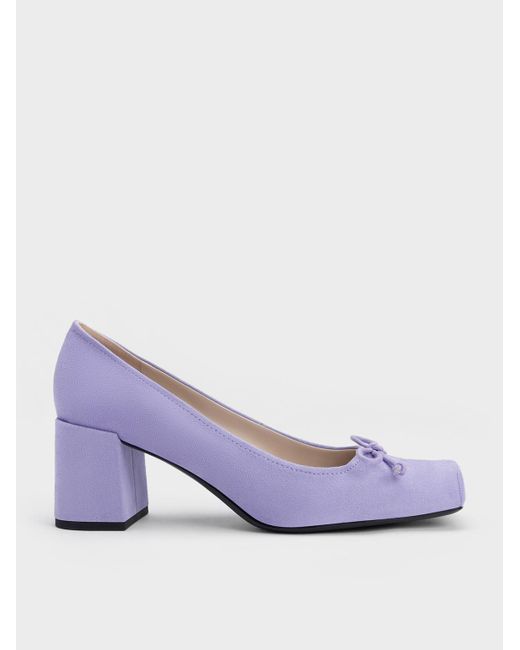 Charles & Keith Purple Bow Square-toe Textured Pumps