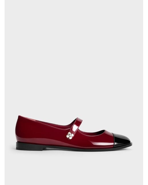 Charles & Keith Red Patent Pearl-Embellished Flower-Buckle Cap-Toe Mary Janes