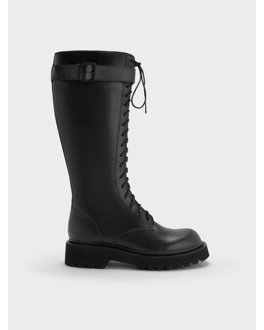 Charles & Keith Black Darian Lace-Up Buckle-Strap Knee-High Boots