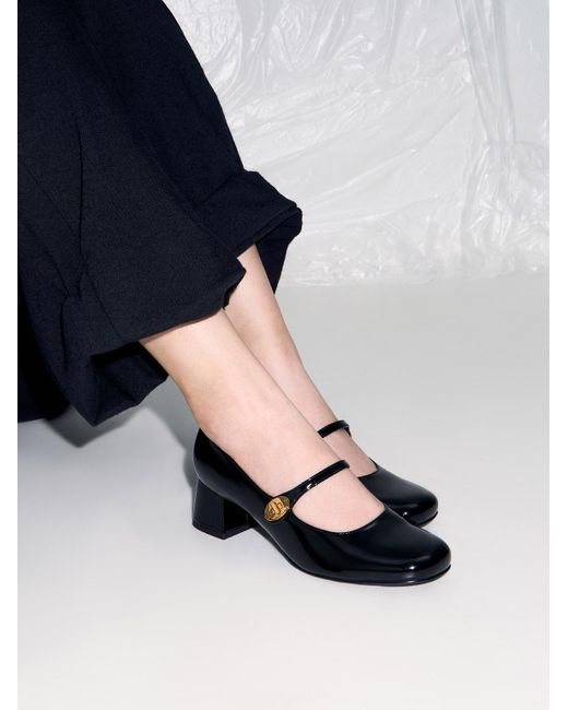Charles & Keith Black Hettie Patent Metallic-buckle Block-heel Mary Janes