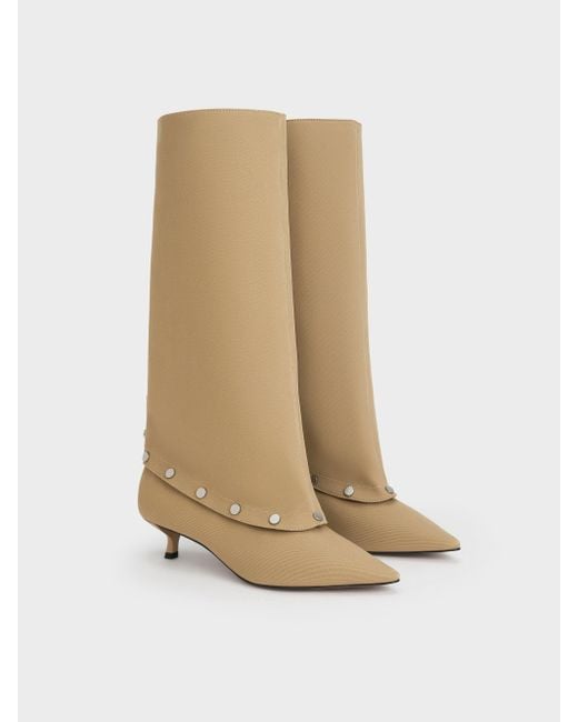 Charles & Keith White Gael Twill Studded Convertible Kitten-Heel Knee-High Boots