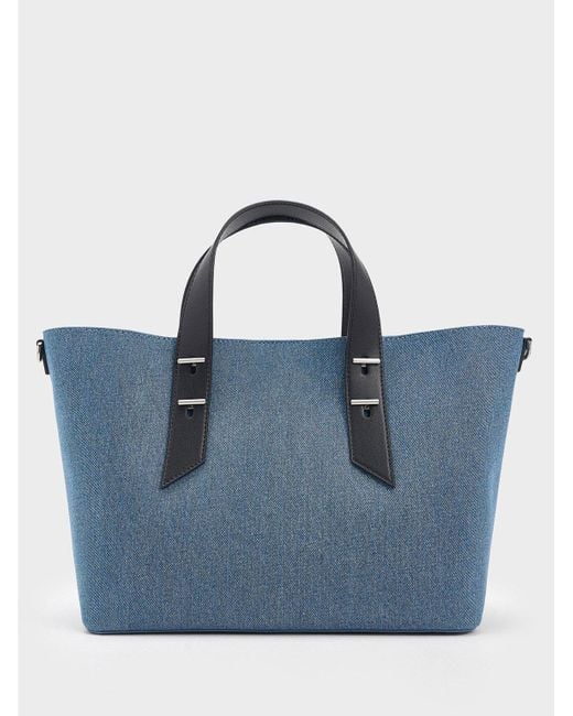 Charles & Keith Blue Denim Metallic-accent Double Handle Bag
