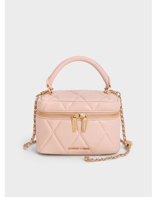 Charles & Keith Pink Arwen Quilted Top Handle Vanity Bag