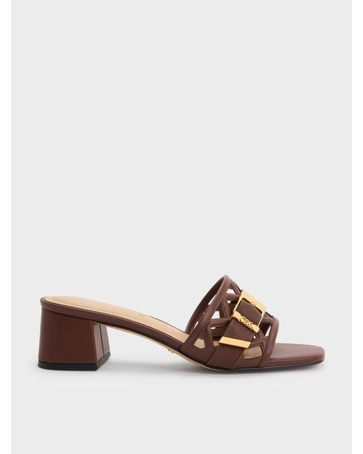 Charles & Keith Brown Whitney Leather Cut-Out Heeled Mules