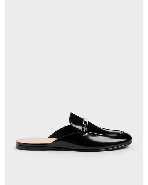 Charles & Keith Black Metallic-Bar Loafer Mules