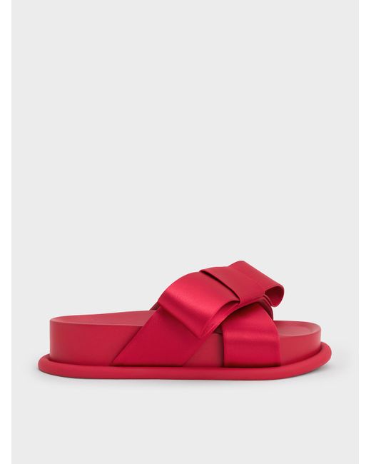 Charles & Keith Red Satin Bow Flatform Sandals