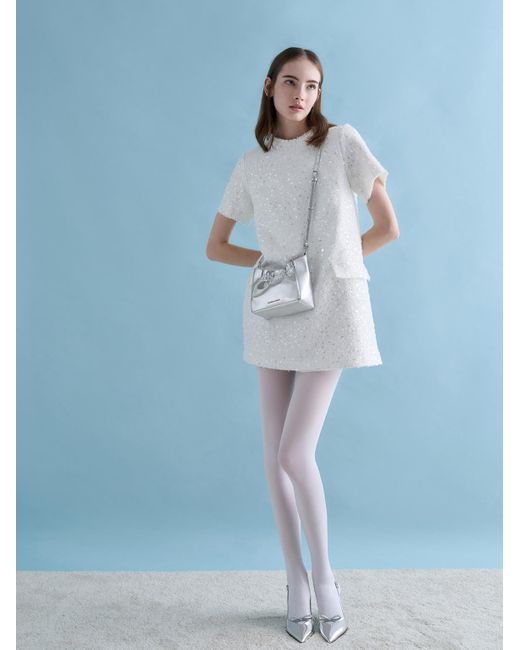 Charles & Keith White Brigette Ruched Glittered Chain-handle Shoulder Bag