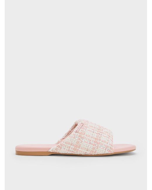 Charles & Keith White Tweed Puffy Wide-strap Slide Sandals
