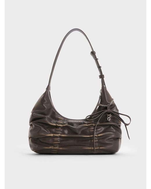 Charles & Keith Black Kadee Ruched Bow-Charm Hobo Bag
