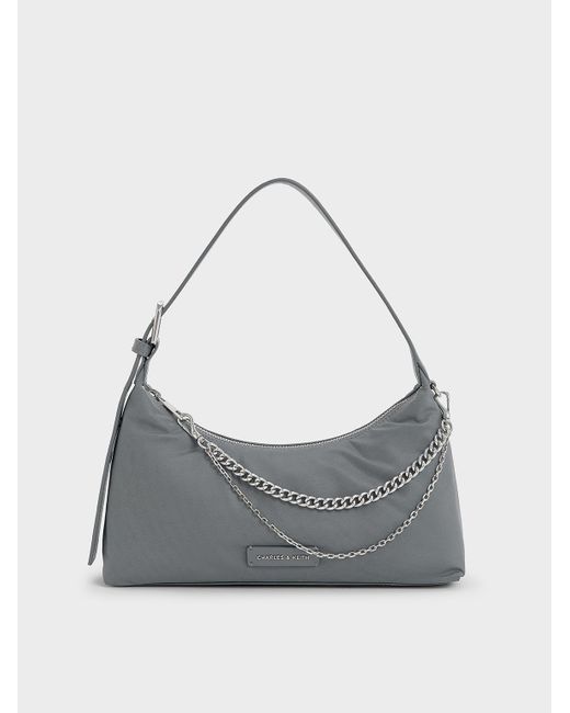 Charles & Keith Gray Nylon Chain-Link Trapeze Shoulder Bag