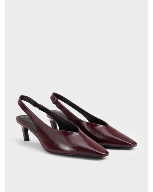 Charles & Keith Brown Patent Tapered Square-Toe Slingback Kitten Heels
