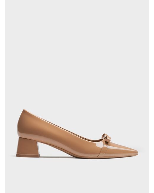 Charles & Keith Natural Dorian Patent Bow Pointed-Toe Block-Heel Pumps