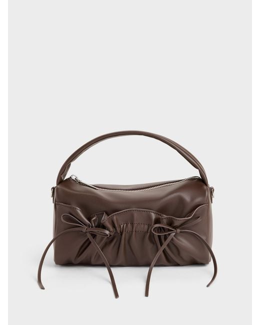 Charles & Keith Brown Reese Ruched Bow Top Handle Bag