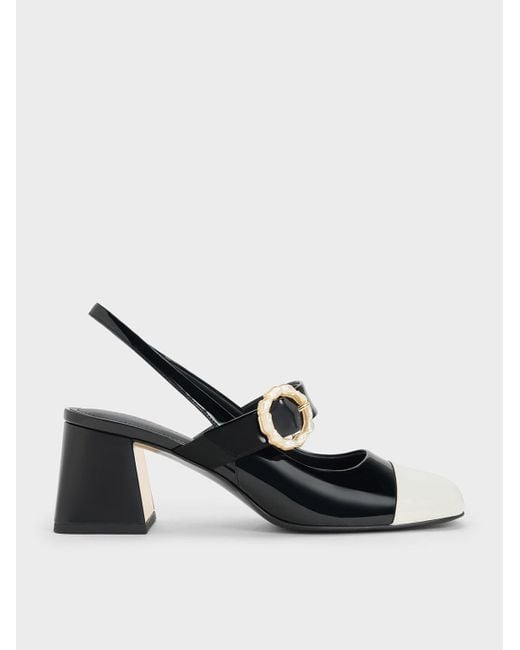 Charles & Keith Multicolor Patent Two-tone Pearl Buckle Slingback Pumps