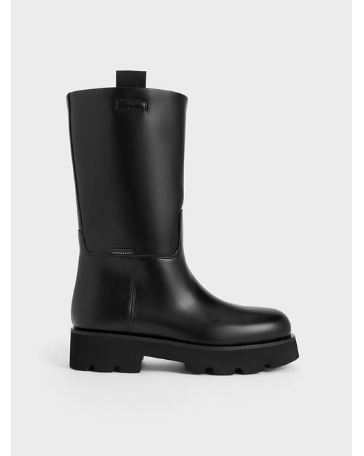 Charles & Keith Black Double Pull-tab Calf Boots