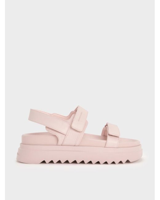 Charles & Keith Pink Double-Strap Ridged-Sole Flatform Sandals