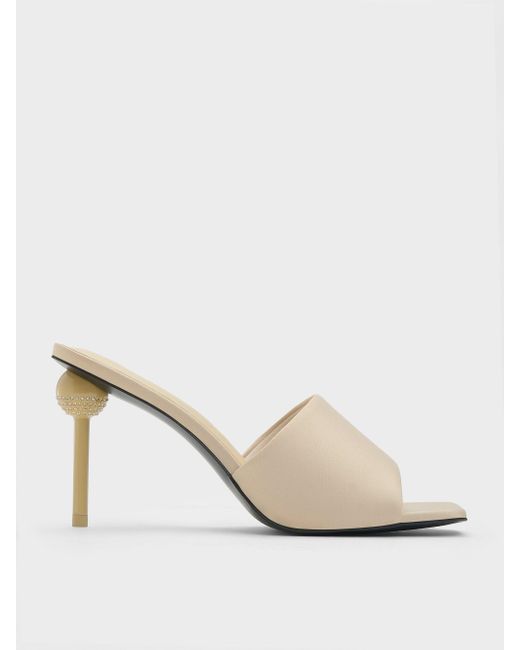 Charles & Keith Natural Satin Crystal-Embellished Ball-Heel Mules