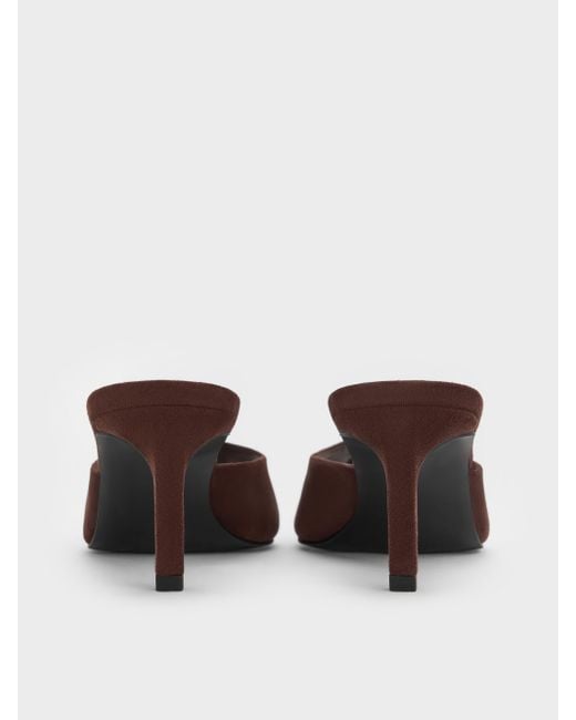 Charles & Keith Brown Faux Suede Pointed Peep-Toe Heeled Mules