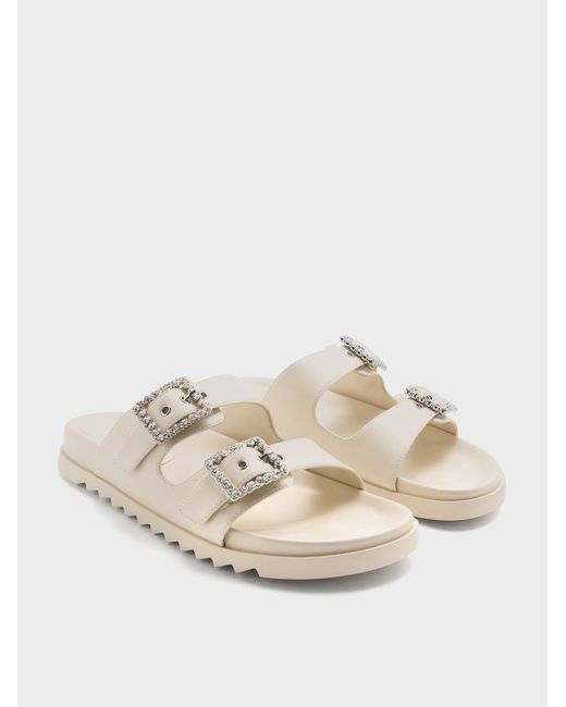 Charles & Keith White Gem-Buckle Double-Strap Sandals