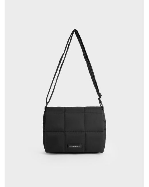Charles & Keith Black Mini Errya Nylon Quilted Puffy Crossbody Bag