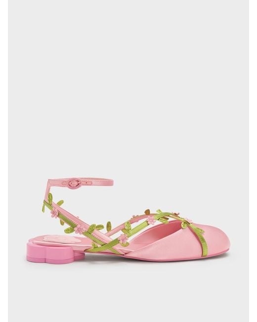 Charles & Keith Pink Floral-Vine Ankle-Strap Flats