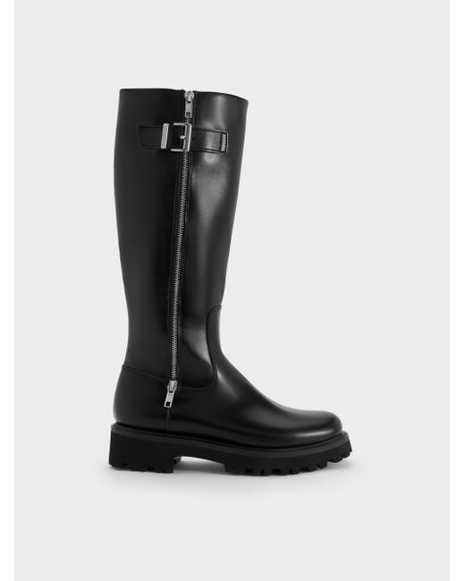 Charles & Keith Black Lyndon Buckled Side-Zip Knee-High Boots