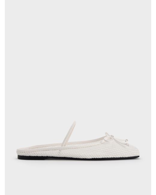Charles & Keith White Mesh Bow Square-Toe Ballet Mules