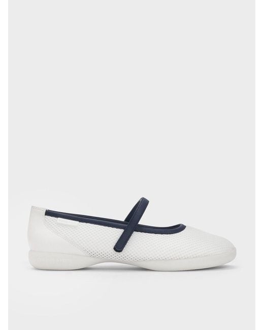 Charles & Keith White Mesh Contrast-Trim Mary Jane Sneakers