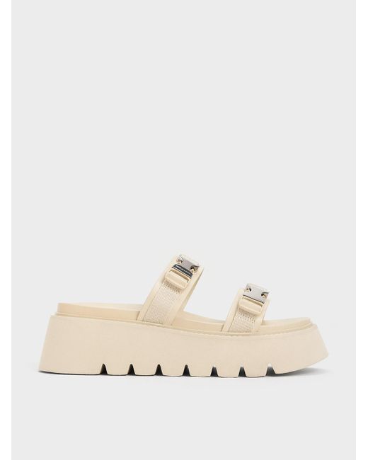 Charles & Keith Natural Laine Metallic-buckle Flatform Sandals