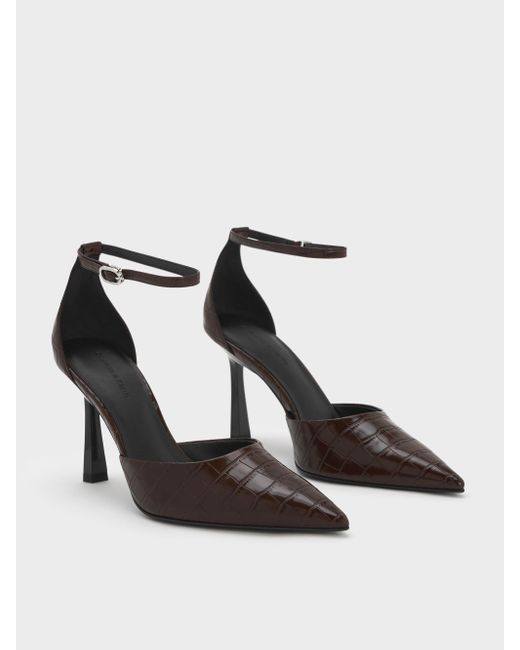 Charles & Keith White Croc-Effect Pointed-Toe Ankle-Strap D'Orsay Pumps