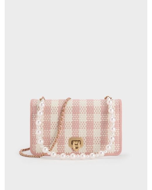Charles & Keith Pink Alessia Checkered Pearl-Embellished Wallet On Chain