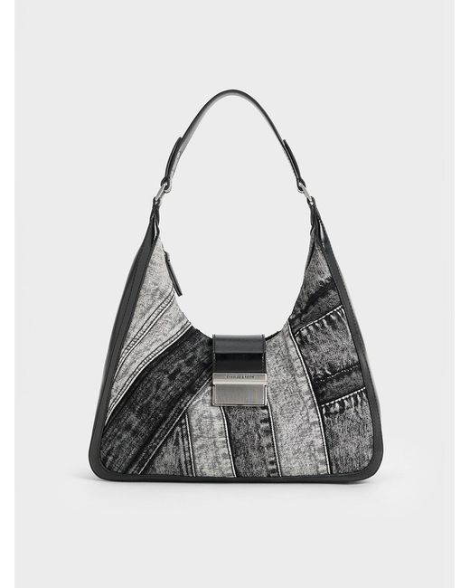 Charles & Keith White Charlot Patchwork Denim Hobo Bag