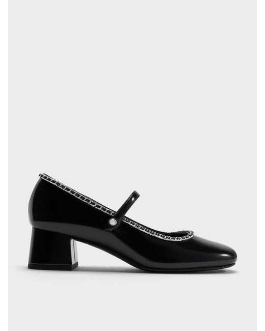 Charles & Keith Black Braided-Chain Block-Heel Mary Jane Pumps