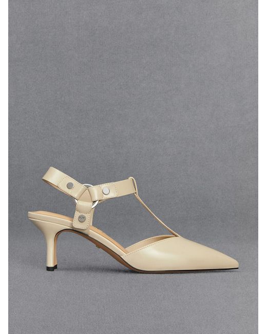 Charles & Keith Gray Leather Buckled T-bar Pumps
